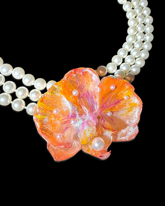Orange orchid pearl necklace