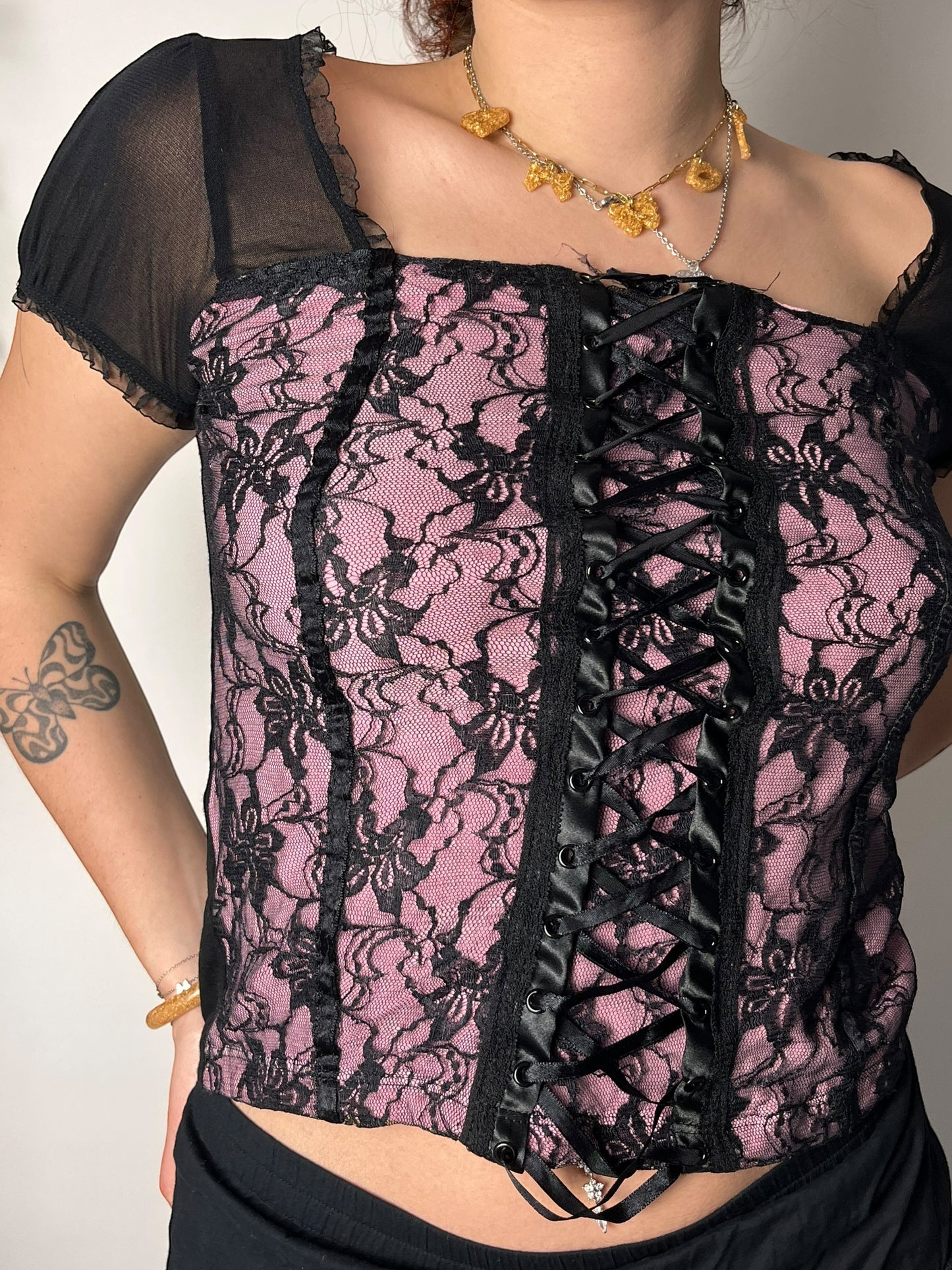 Pink and black corset top | S