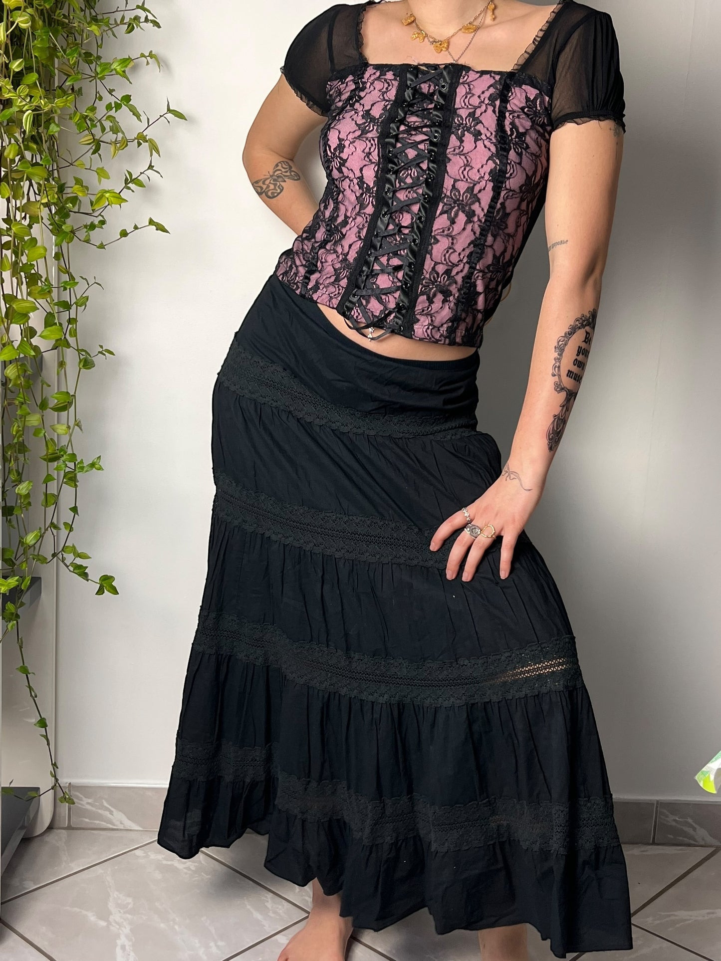 Pink and black corset top | S